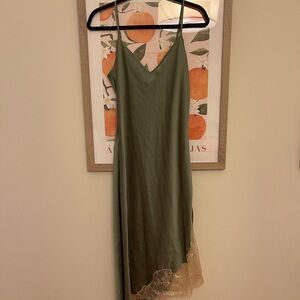 Elegant Olive Green Slip Dress with Lace Trim